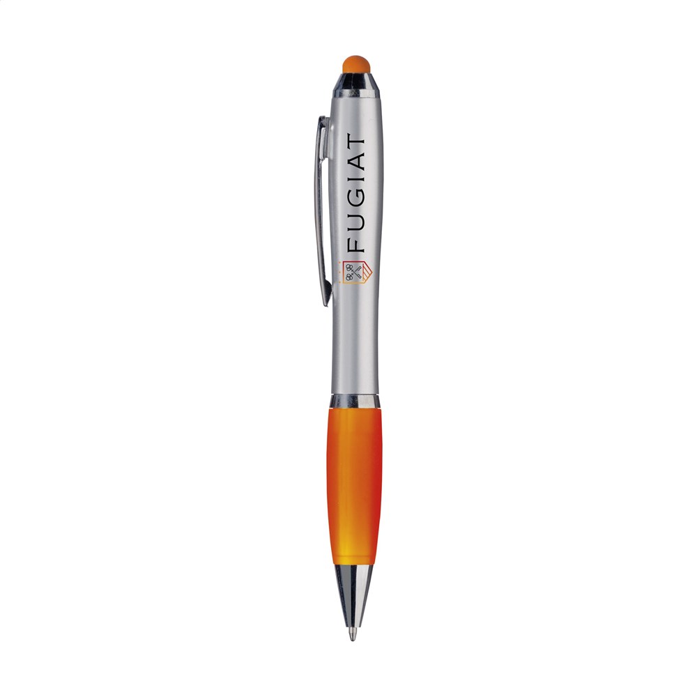 Zilveren pen met gekleurde grip en touch