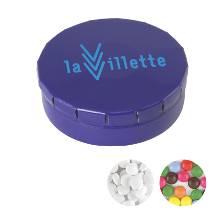 Rond click clack blik (Ø 45 mm) standaard gevuld met DutchDex dextrose mints