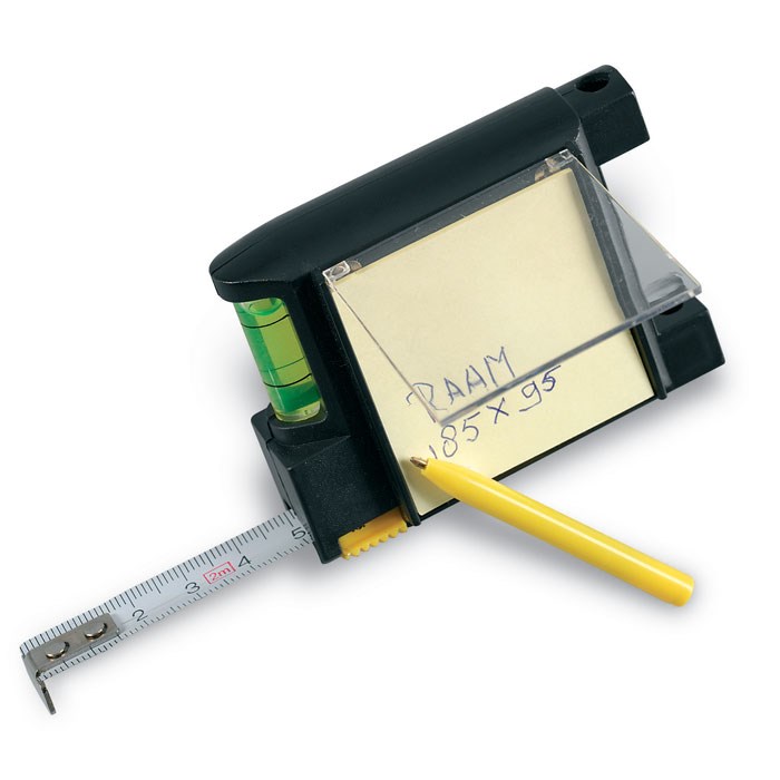 Rolbandmaat met memoblokje, balpen en waterpas Rolbandmaat met memoblokje, balpen en waterpas