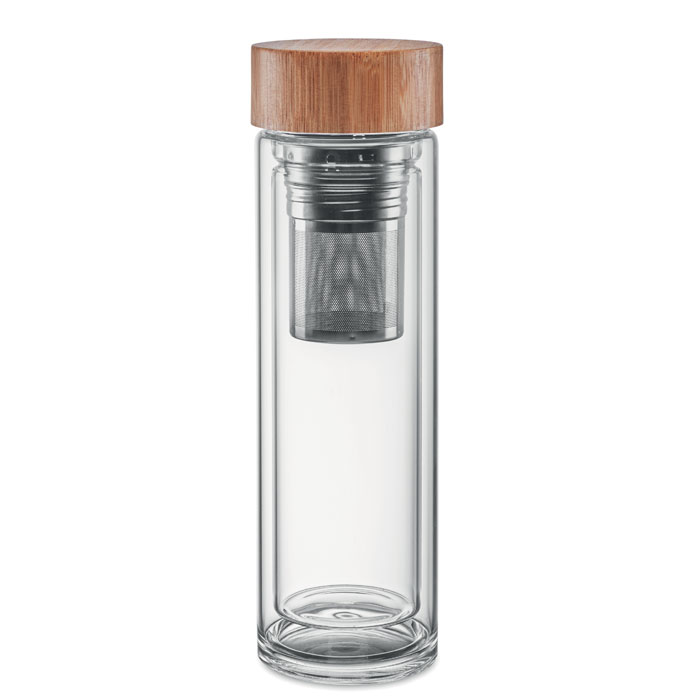 Glazen drinkfles met bamboe dop en theefilter - 400 ml
