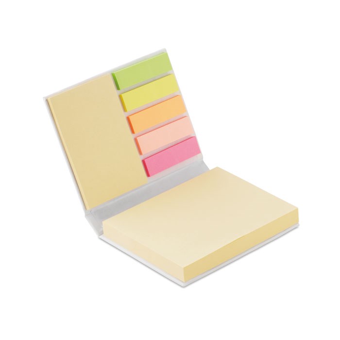 Kartonnen memoblok met gekleurde pagina labels
