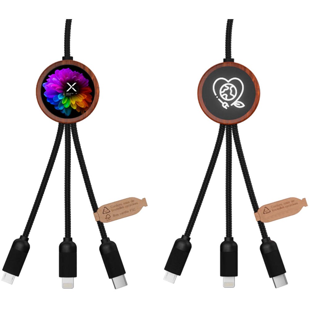 SCX.design C37 40W 5-in-1 oplaadkabel van RPET met oplichtend logo en ronde houten behuizing